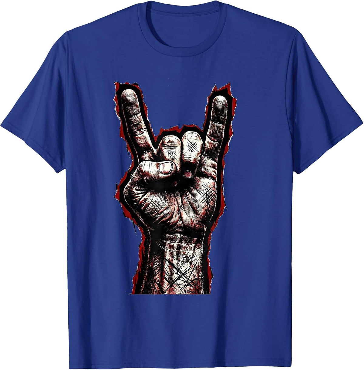 Giant Devil Horns Hand Heavy Metal Graphic T-Shirt - Royal Blue