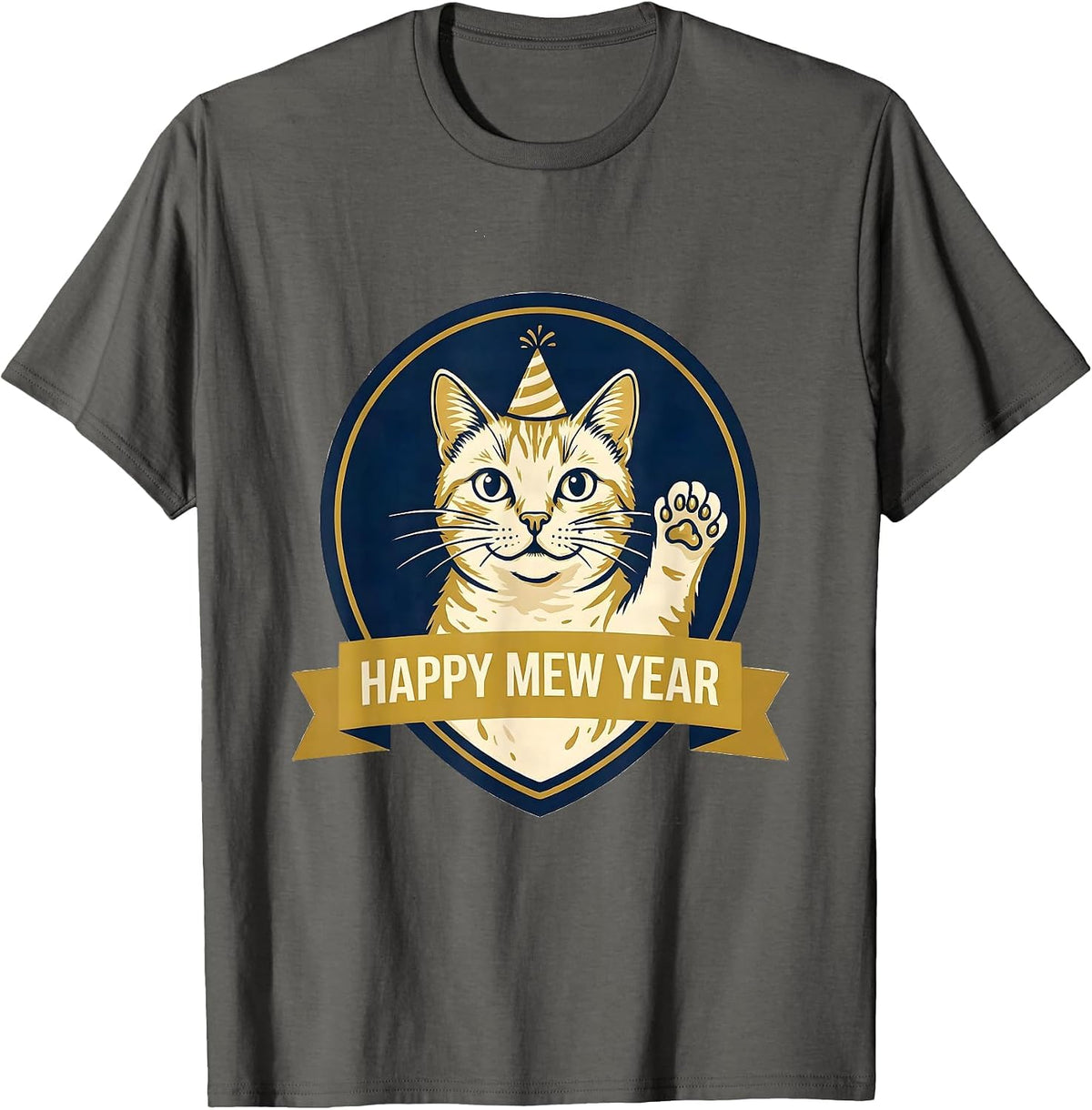 Men's Happy Mew Year Funny Cat Lover Humor New Year Emblem T-Shirt - Asphalt Grey