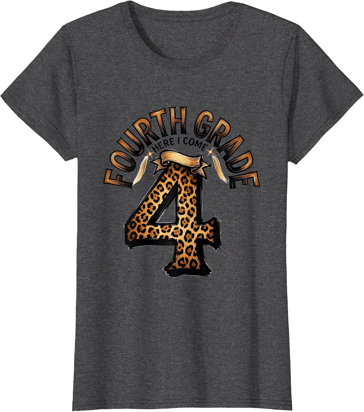 Women's Fourth Grade Here I Come Leopard Print Teacher Back T-Shirt - Dark Heather Grey