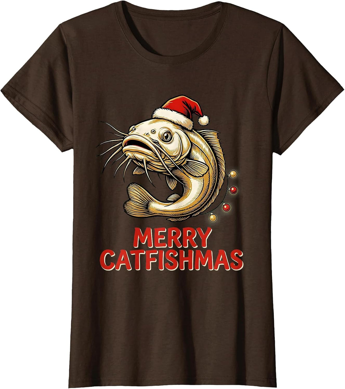 Women's Merry Catfishmas Funny Christmas Fishing Ugly Sweater T-Shirt - Brown