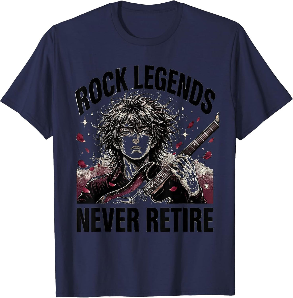 Rock Legends Never Retire 80s Band Design T-Shirt - Navy Blue