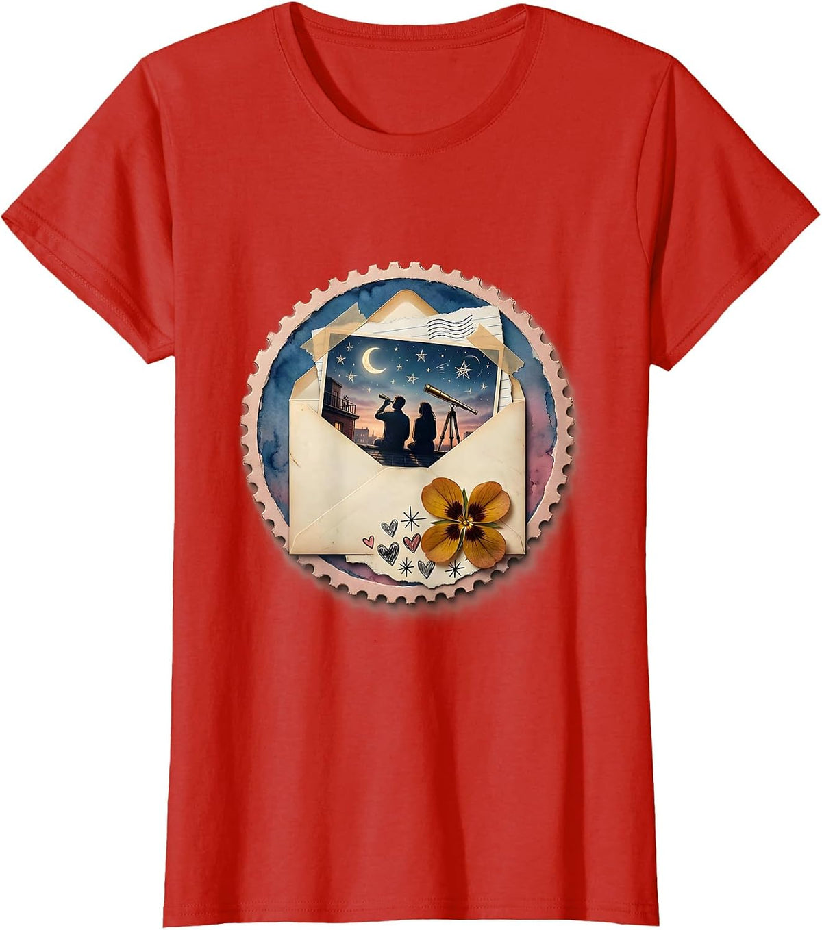 Rooftop Stargazing Couple Telescope Night Sky T-Shirt - Red