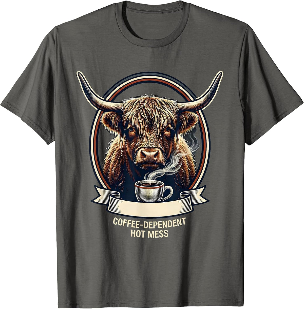 Coffee-Dependent Hot Mess Funny Highland Cow Coffee Lover T-Shirt - Asphalt Grey