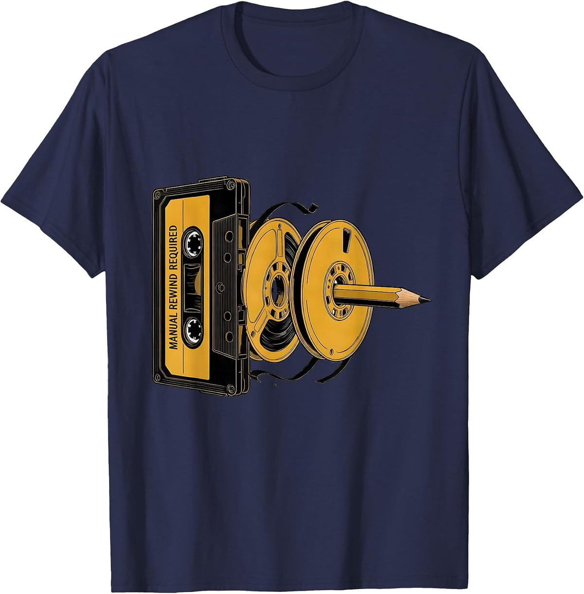 Men's Manual Rewind Required Retro Cassette Hip Hop Nostalgia T-Shirt - Navy Blue