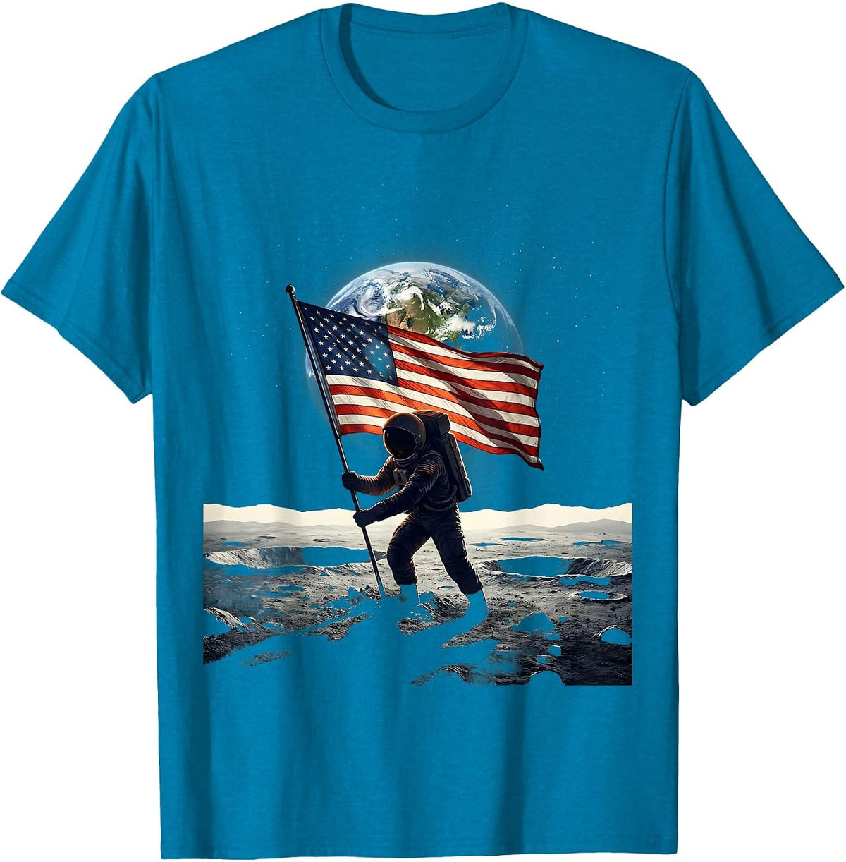 Astronaut Planting American Flag on the Moon T-Shirt - Sapphire Blue