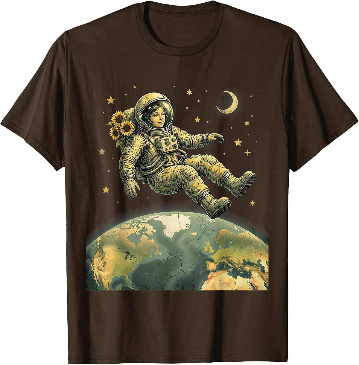 Astronaut Floating Above Earth Space Art T-Shirt - Brown