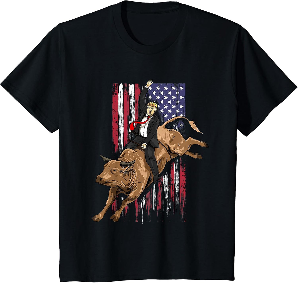 Trump Rodeo Bull Rider Patriotic American Flag Trump Cowboys T-Shirt - Black