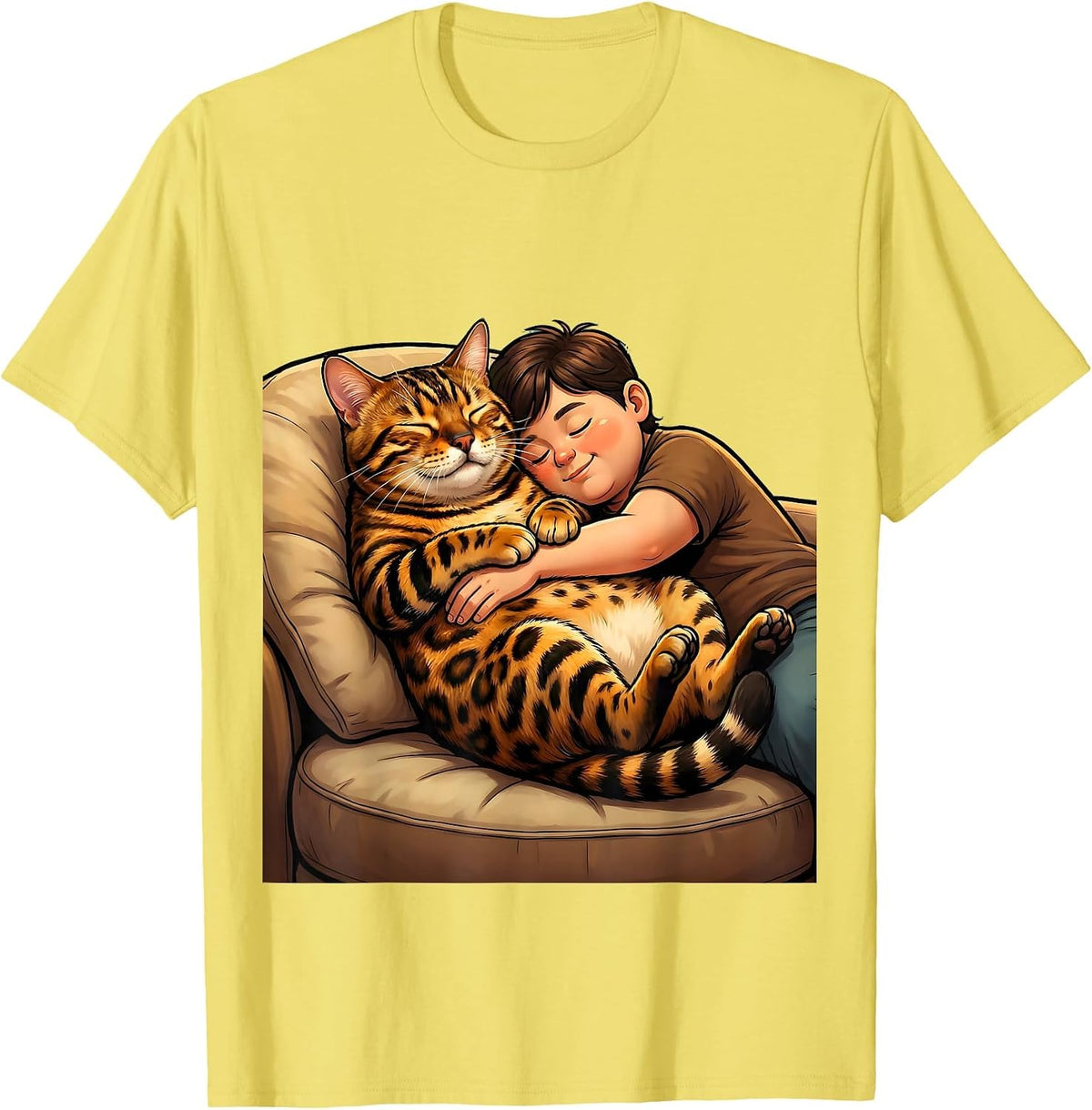 Men's Bengal Cat Napping With Owner Cozy Couch Scene T-Shirt - Lemon Yellow