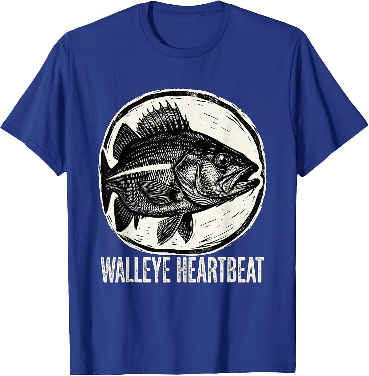 Walleye Heartbeat Woodcut Engraving Freshwater Fish Angler T-Shirt - Royal Blue