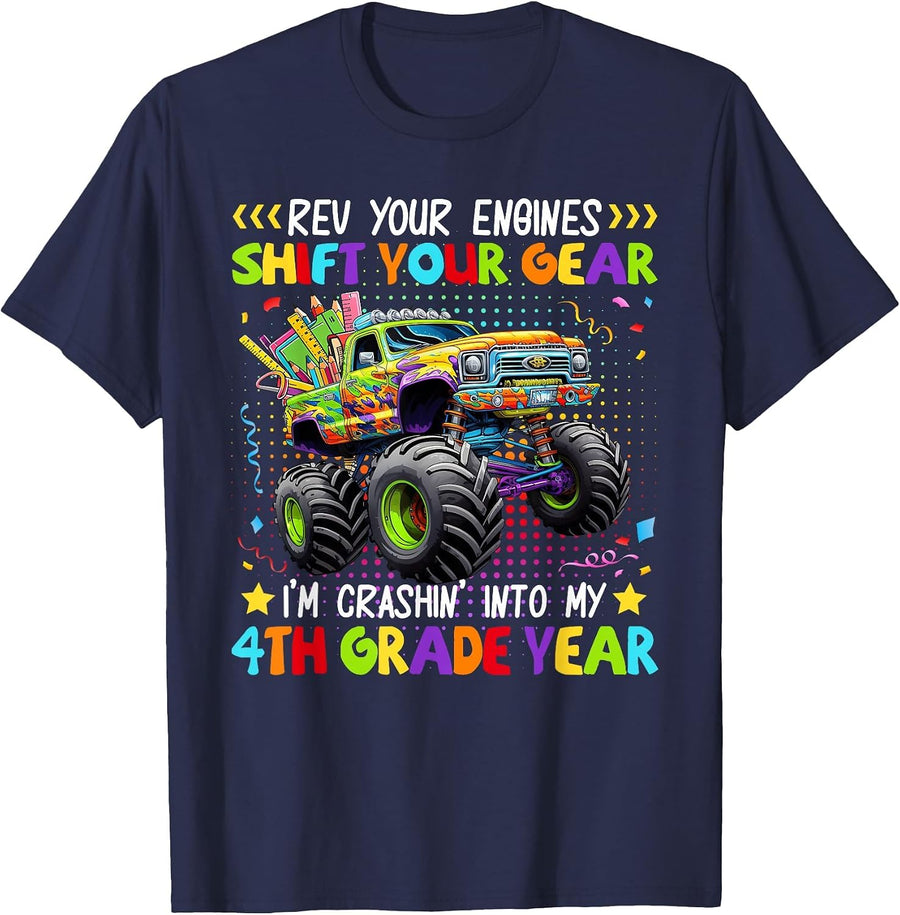 Back to School Monster Truck 4th Grade Boys First Day of School T-Shirt - Navy Blue
