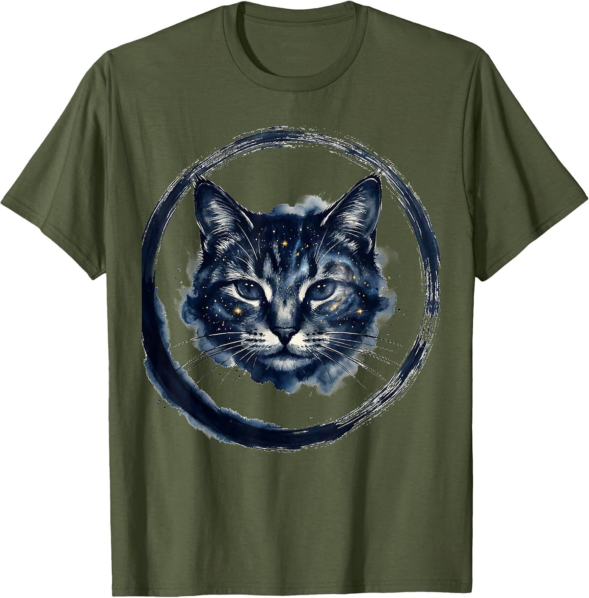 Cosmic Cat Galaxy Star Nebula Space Universe T-Shirt - Olive Green