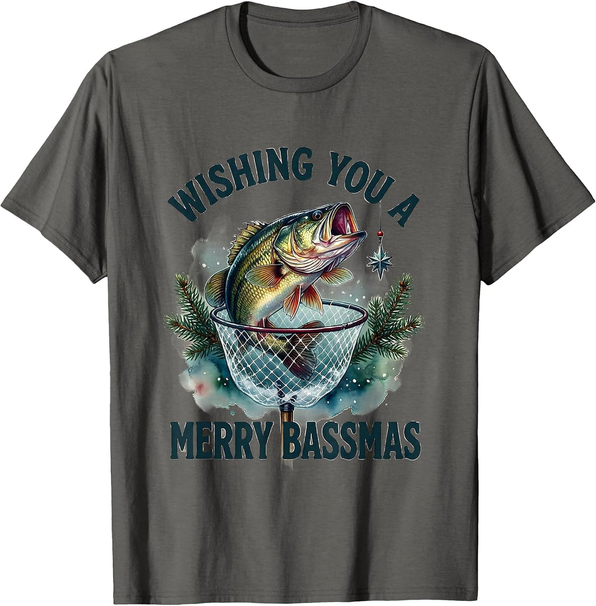 Wishing You a Merry Bassmas Funny Christmas Fishing Humor T-Shirt - Asphalt Grey