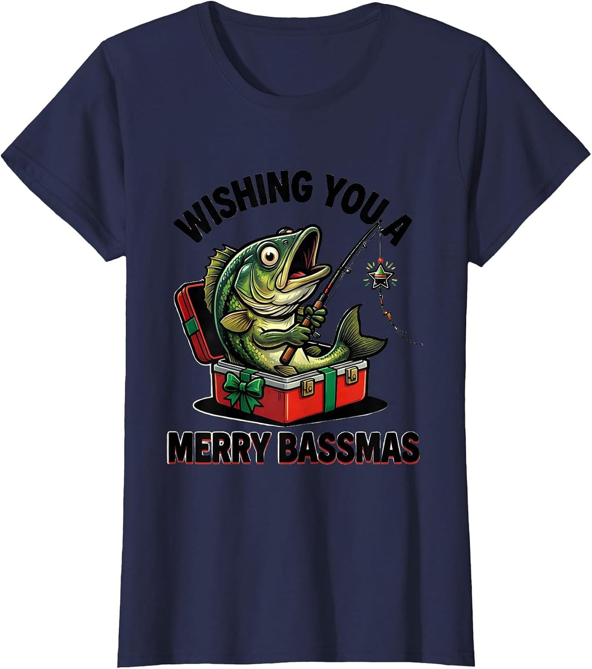 Women's Wishing You a Merry Bassmas Funny Cartoon Christmas Fishing T-Shirt - Navy Blue