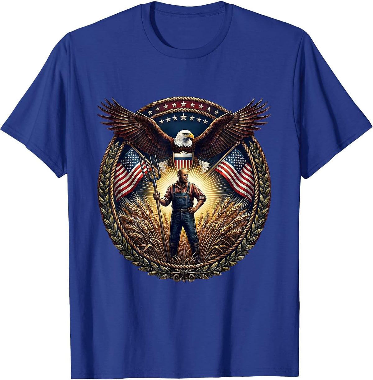 Men's Farmer Pitchfork Wheat Field Harvest Illustration T-Shirt - Royal Blue
