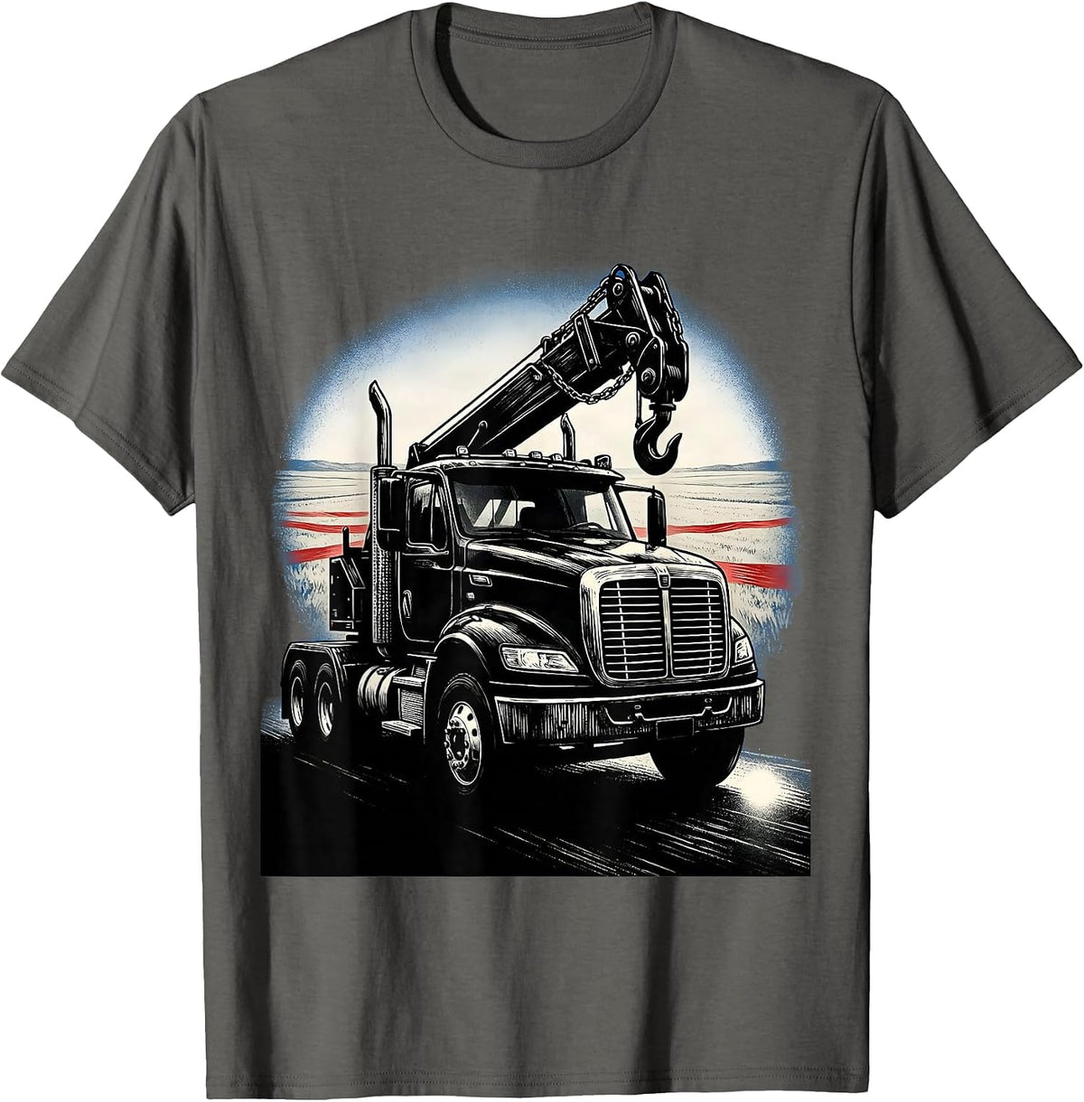 Black Tow Truck Patriotic American Flag Trucker Pride T-Shirt - Asphalt Grey