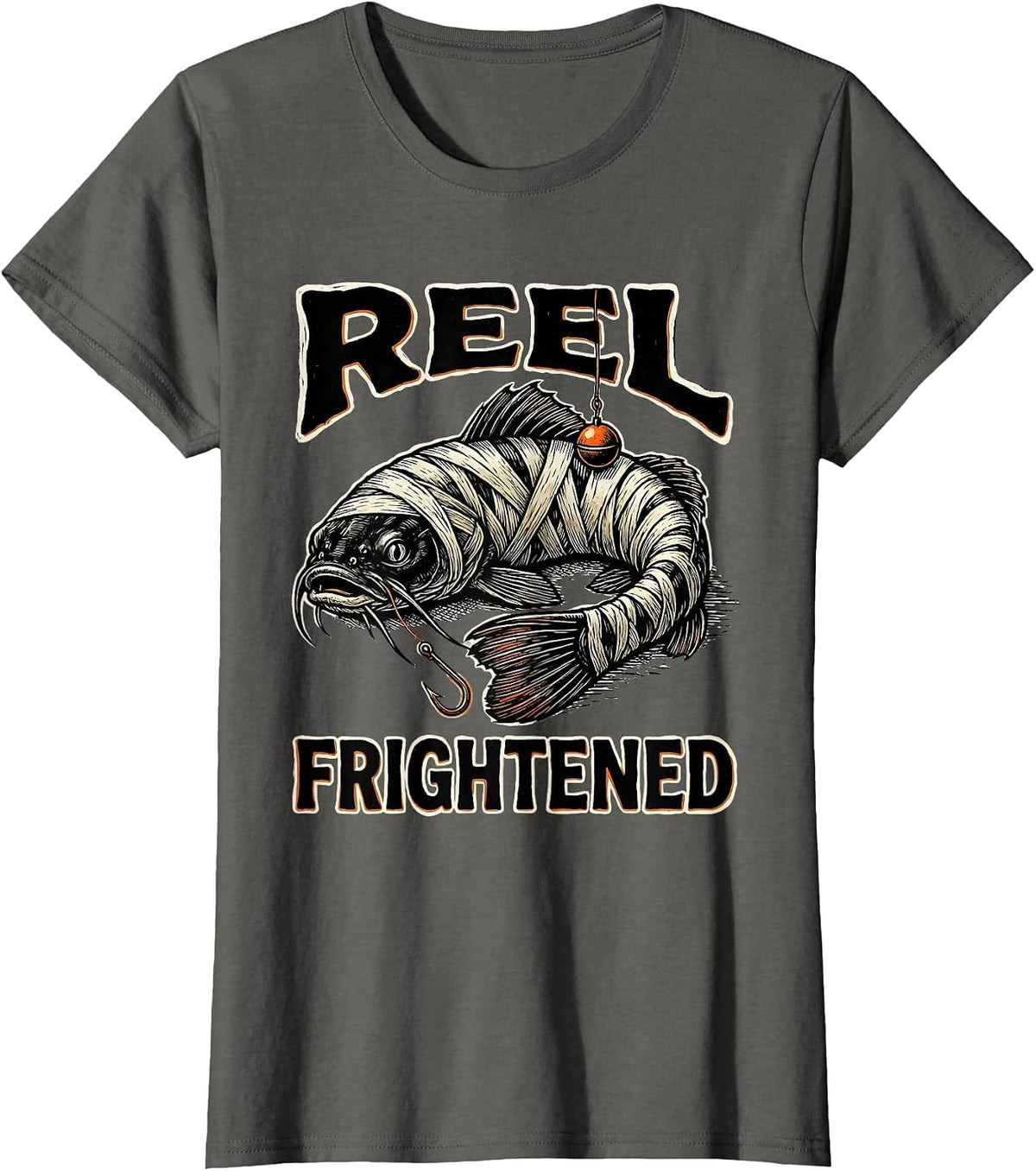 Women's Reel Frightened Linocut Halloween Skeleton Fishing Humor T-Shirt - Asphalt Grey