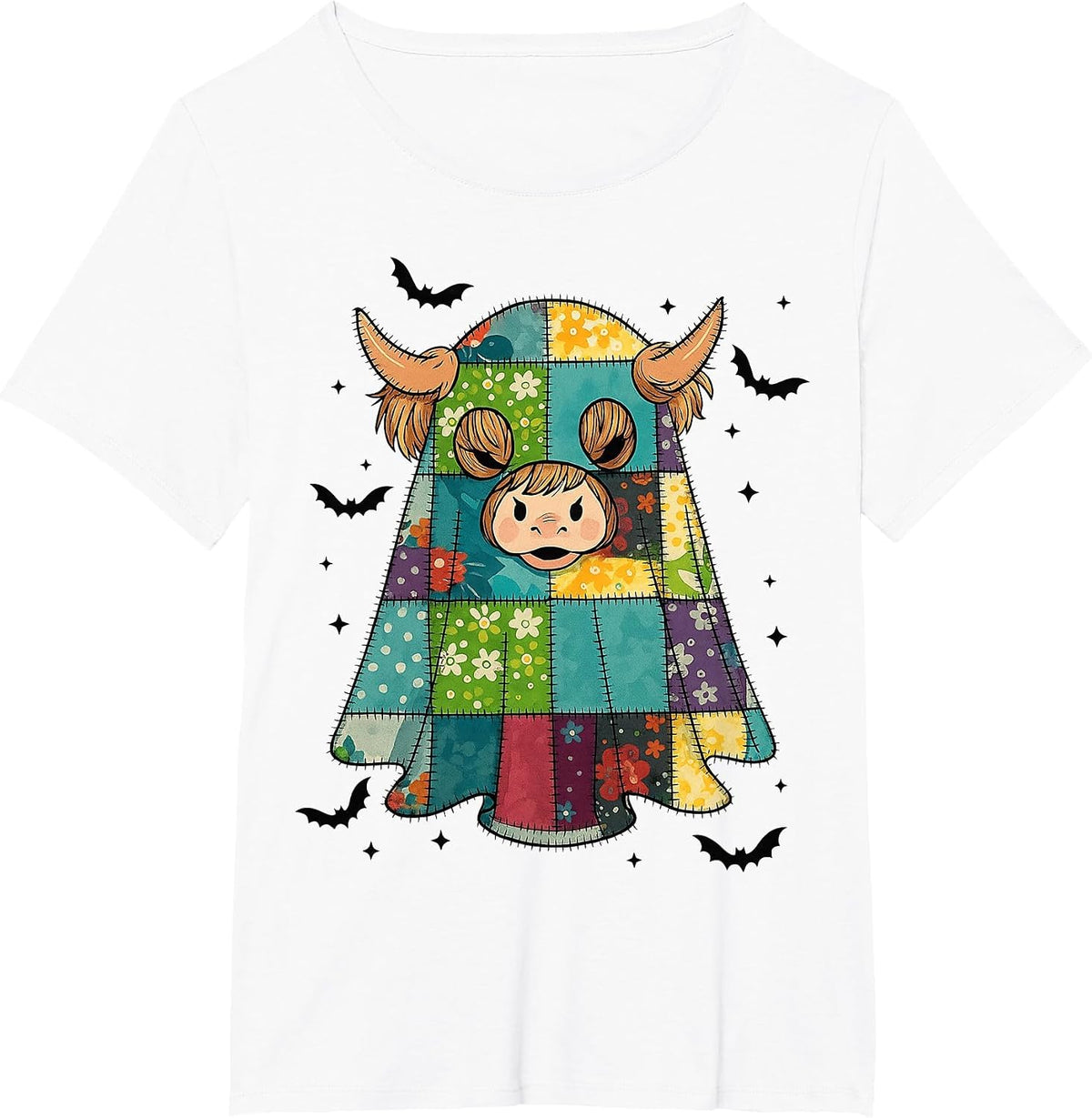 Halloween Patchwork Ghost Highland Cow Quilt Pattern T-Shirt - White
