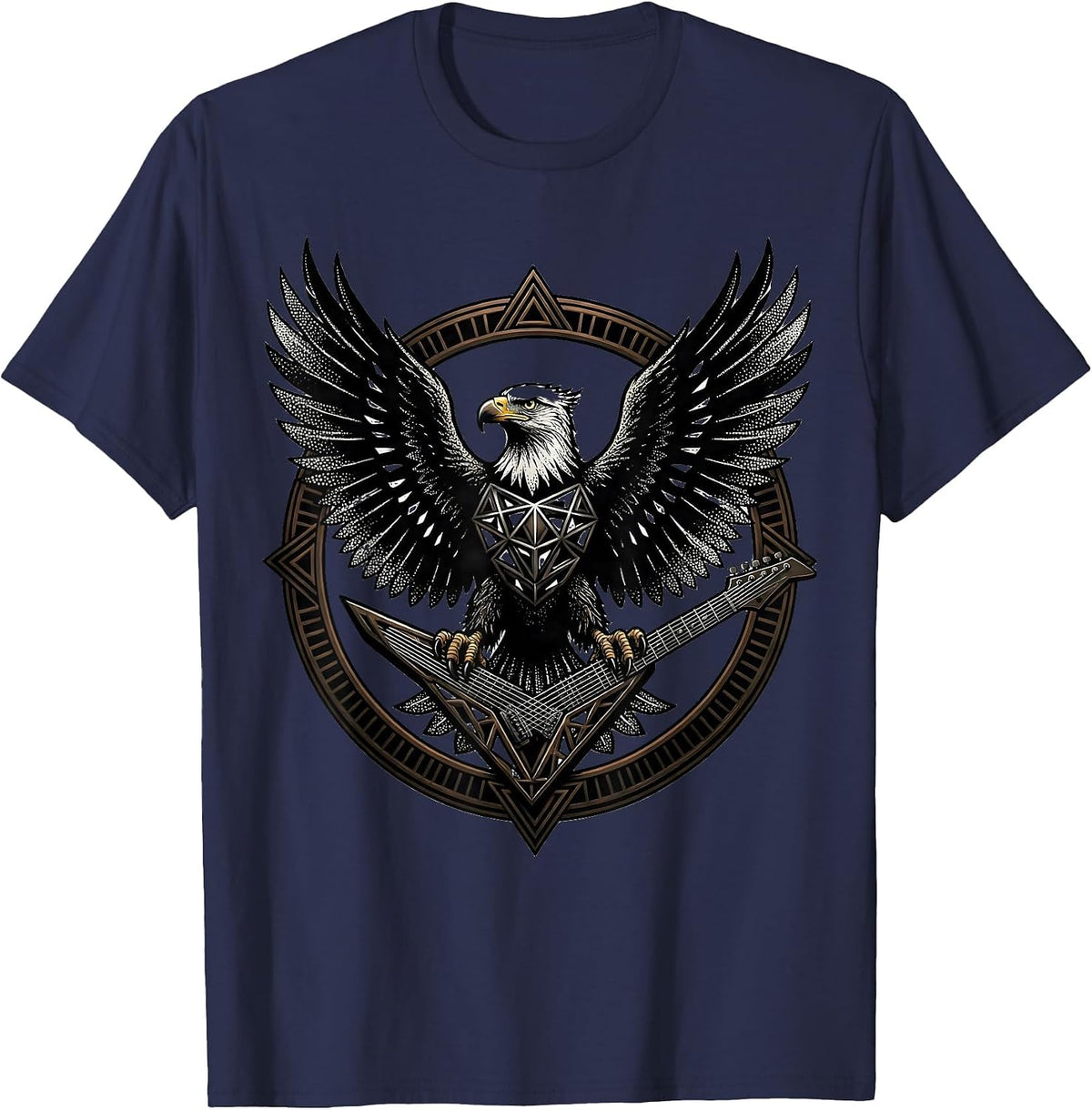 Eagle Iron Wings Guitar Metal Band Graphic T-Shirt - Navy Blue