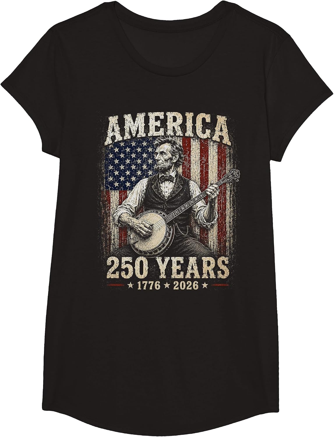 Vintage Abraham Lincoln Banjo Bluegrass 250 Years T-Shirt - Girls Black