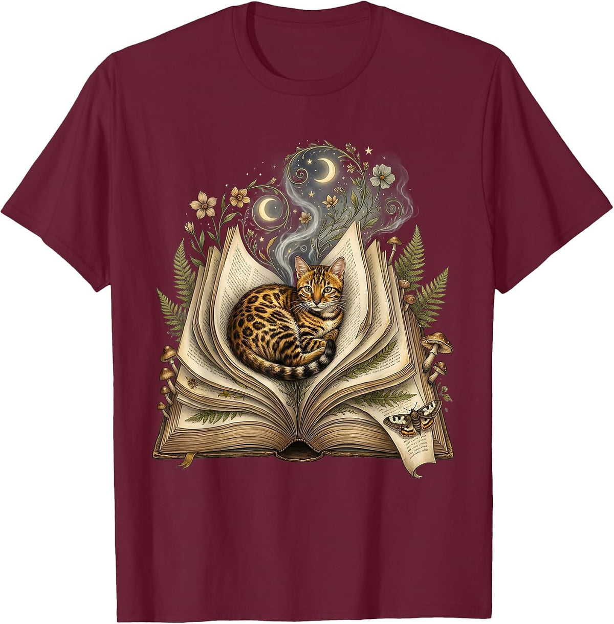 Bengal Cat Reading Magic Book Lover Gift T-Shirt - Burgundy