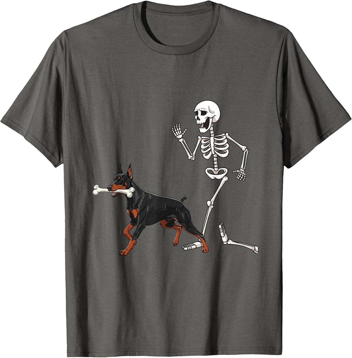 Funny Halloween Doberman Pinscher and Skeleton T-Shirt - Asphalt Grey