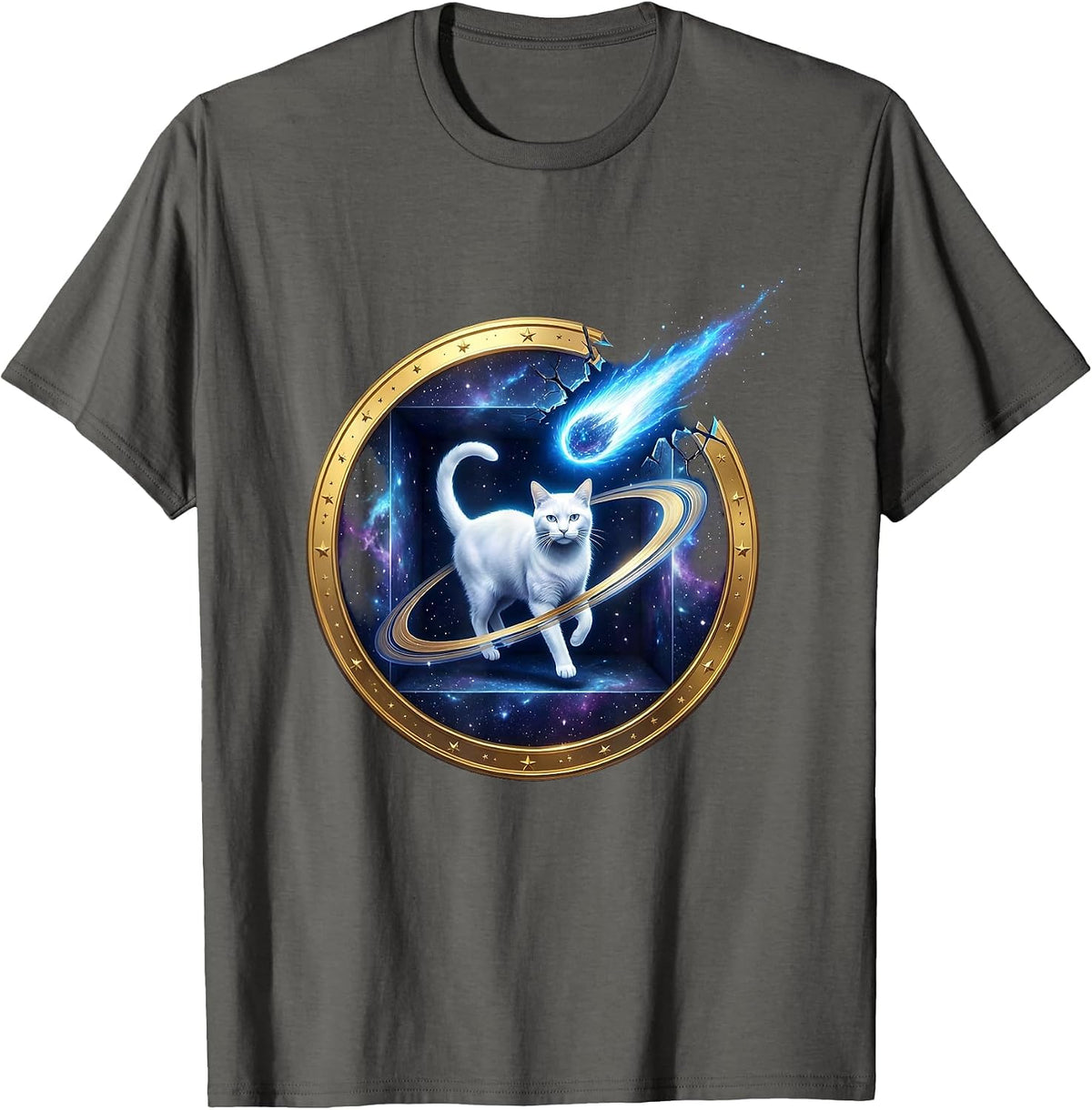 Cosmic Cat Quantum Physics Humor Science Enthusiast T-Shirt - Asphalt Grey