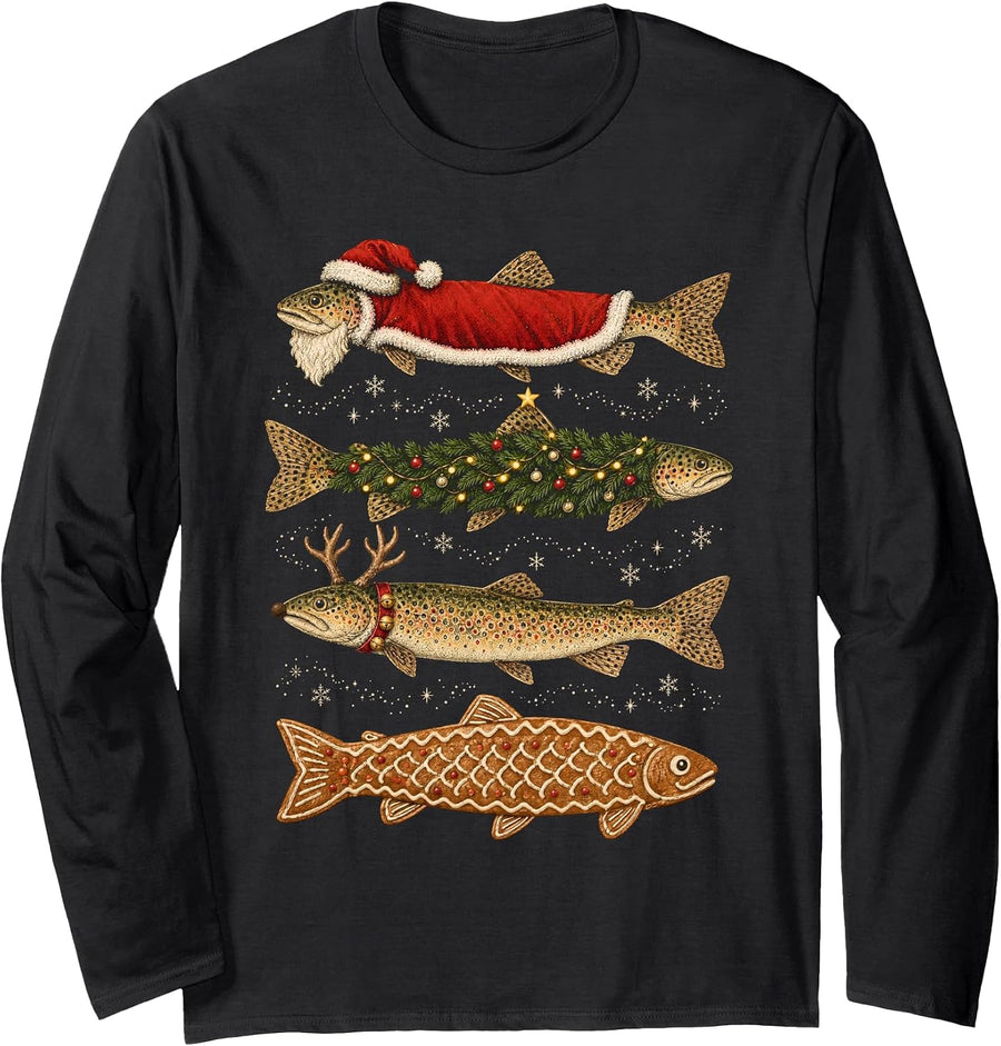 Trout Fishing Christmas Long Sleeve T-Shirt - As Pictured