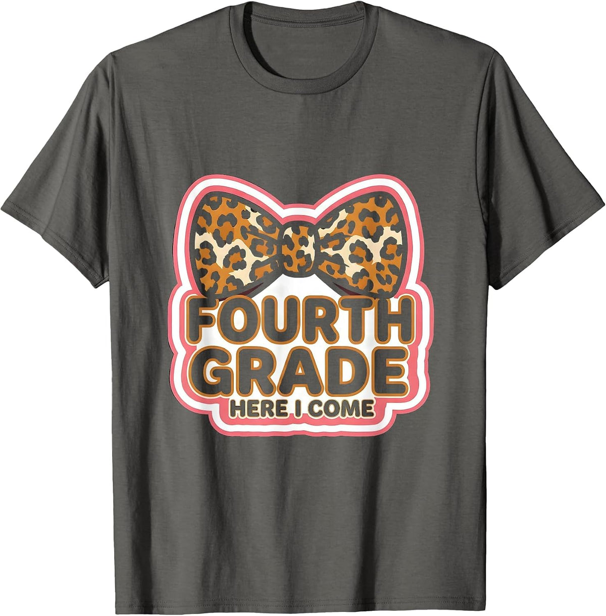 Fourth Grade Here I Come Leopard Print Teacher Back T-Shirt - Asphalt Grey
