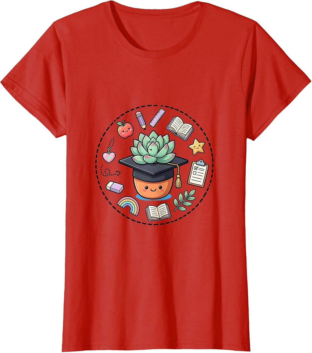 Women's Elementary Teacher Graduation Potted Plant Design T-Shirt - Red