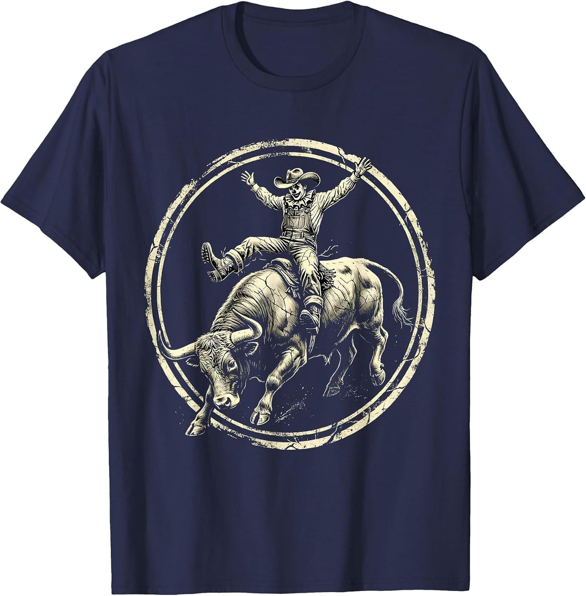 Rodeo Clown Dodging Charging Bull Graphic T-Shirt - Navy Blue