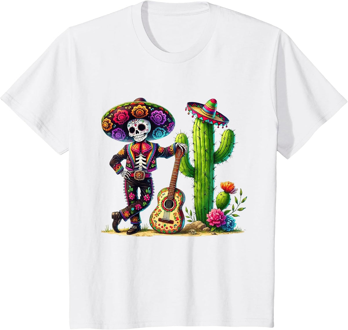 Men Skeleton Cinco De Mayo Mariachi Fiesta Guitar Cactus T-Shirt - White