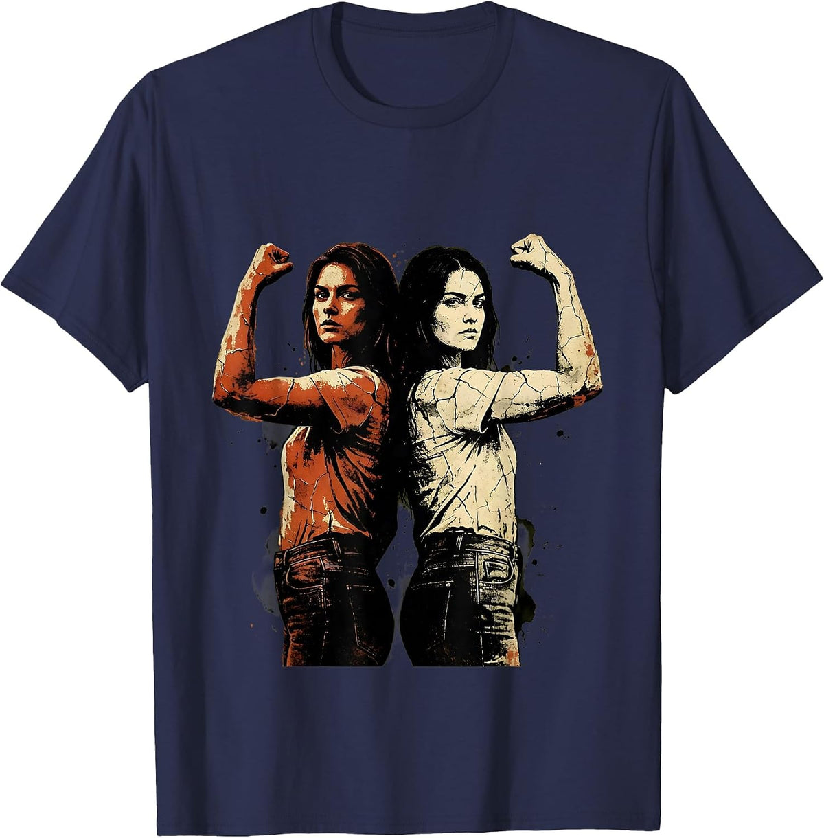 Rosie the Riveter Duo Flexing Arms Graphic T-Shirt - Navy Blue
