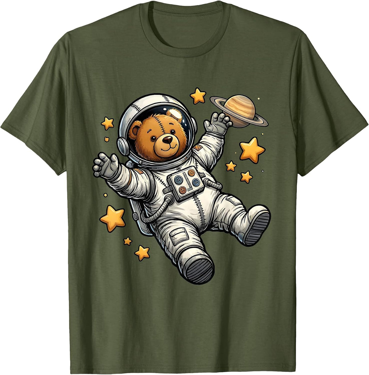 Teddy Bear Astronaut Floating in Outer Space T-Shirt - Olive Green