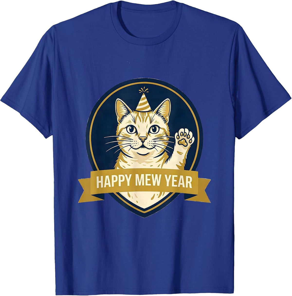 Men's Happy Mew Year Funny Cat Lover Humor New Year Emblem T-Shirt - Royal Blue