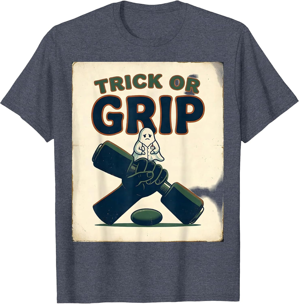 Trick Or Grip Vintage Ghost Occupational Therapist Halloween T-Shirt - Heather Blue