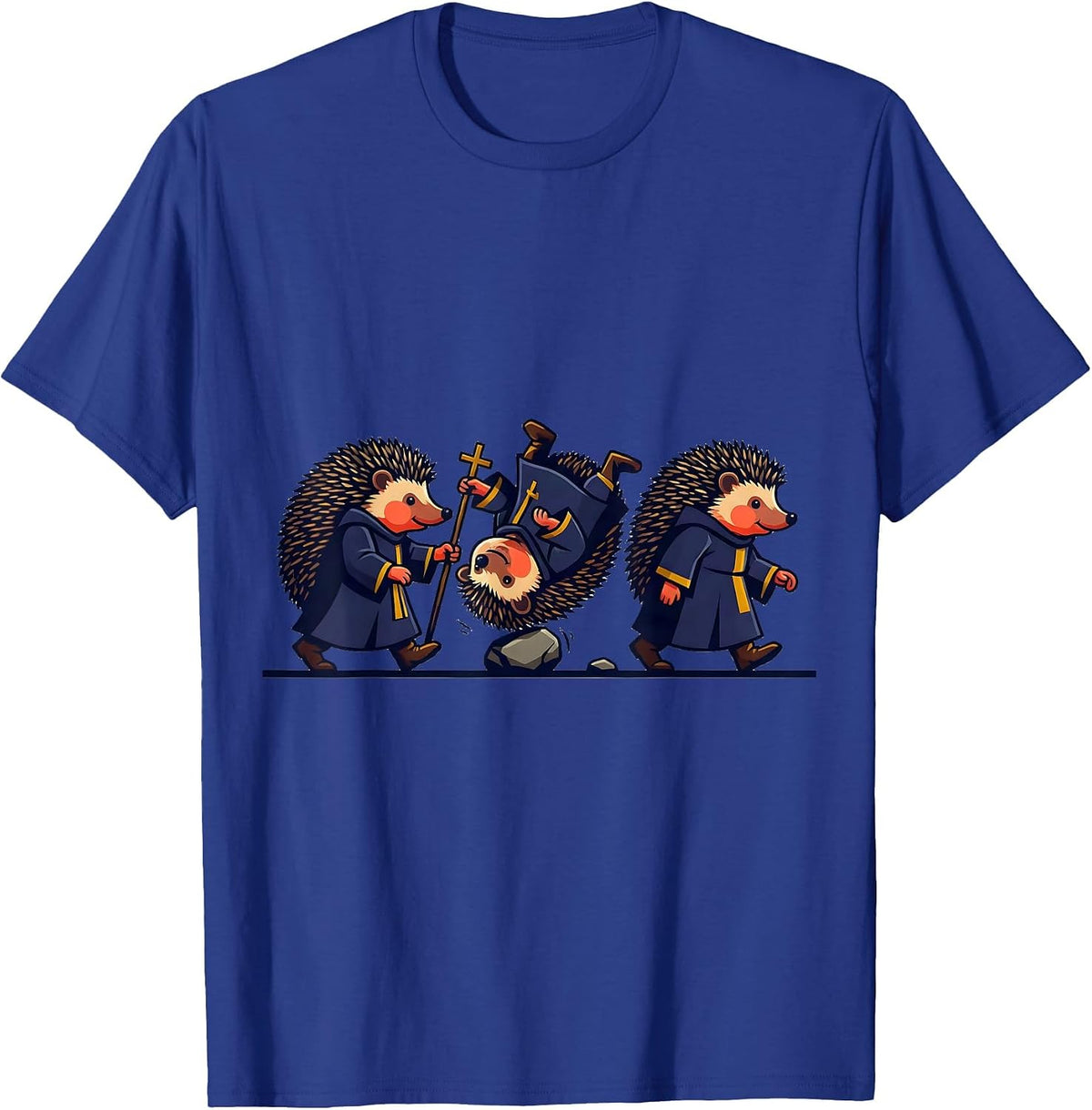 Hedgehog Pilgrims Tumbling Faith Mascot Logo T-Shirt - Royal Blue