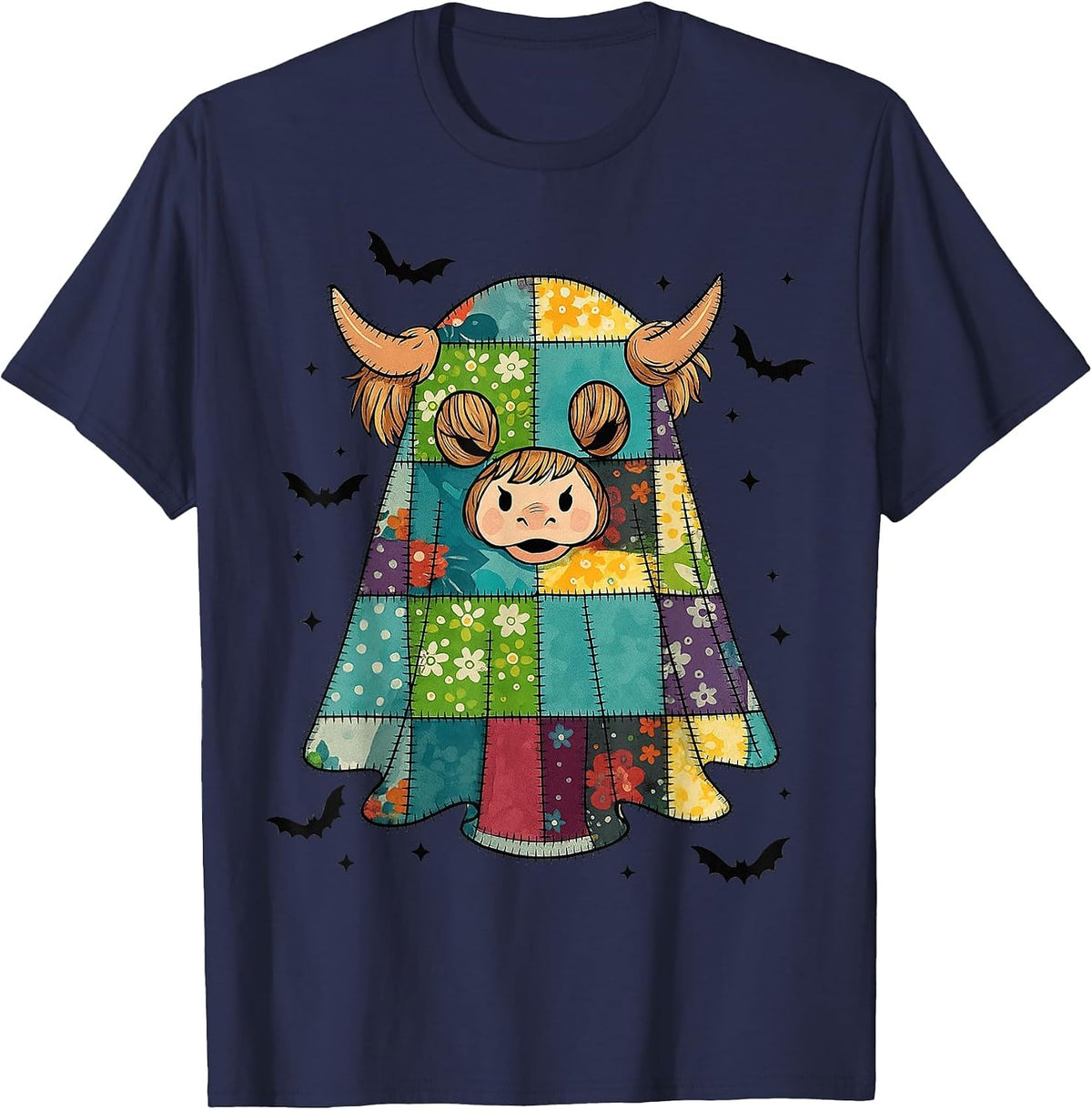 Halloween Patchwork Ghost Highland Cow Quilt Pattern T-Shirt - Navy Blue