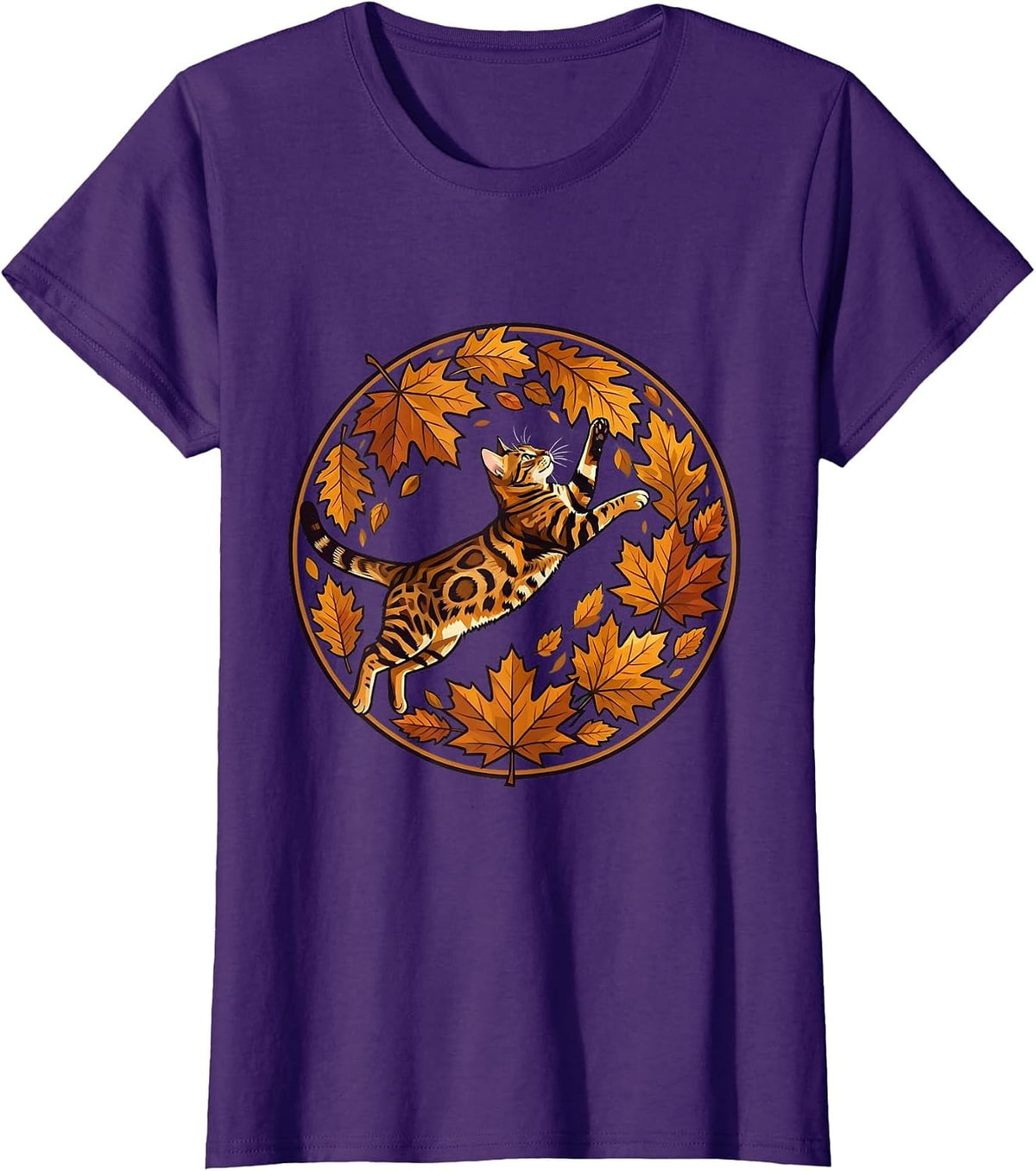 Women's Bengal Cat Chasing Autumn Leaves Fall Design T-Shirt - Purple