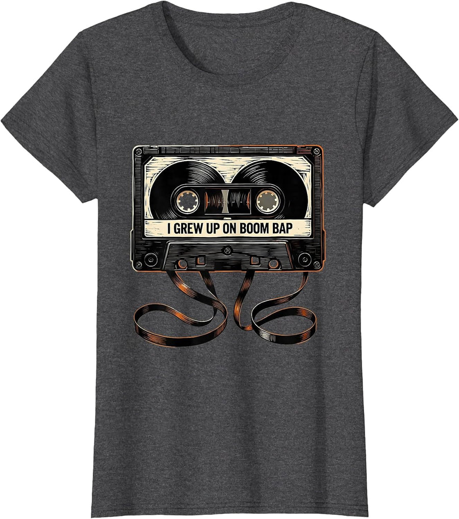 Women's I Grew Up On Boom Bap Vintage Hip Hop Lyric Retro Graphic T-Shirt - Dark Heather Grey