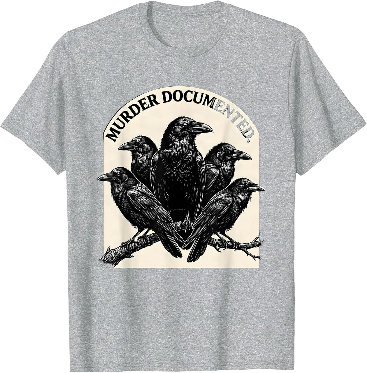 Men's Murder Documented Scratchboard Crow Raven Dark Humor Gothic T-Shirt - Heather Grey