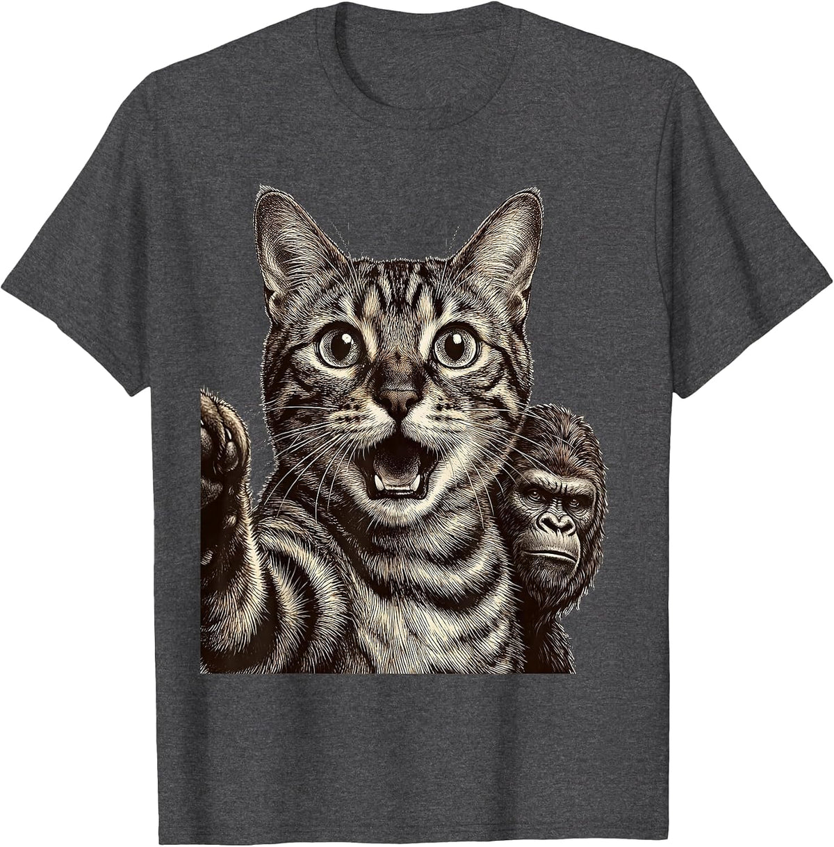Men's Bengal Cat Bigfoot Crosshatch Etching Funny Meme Humor T-Shirt - Dark Heather Grey