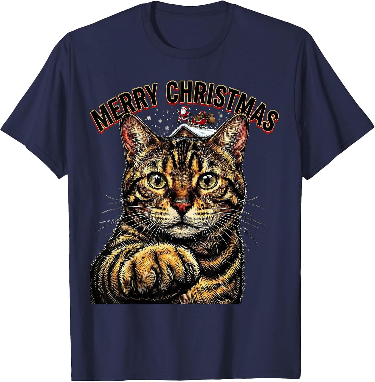 Merry Christmas Funny Cat Selfie With Santa Bengal Cat Lover T-Shirt - Navy Blue