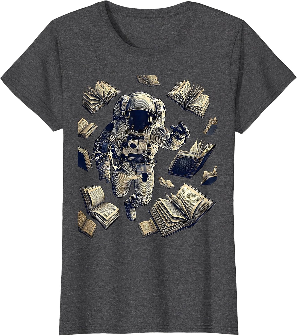 Women's Astronaut Floating Among Open Books Space Art T-Shirt - Dark Heather Grey