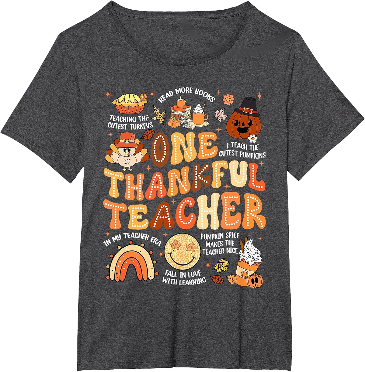 Thanksgiving One Thankful Teacher Fall Groovy Men Women T-Shirt - Dark Heather Grey