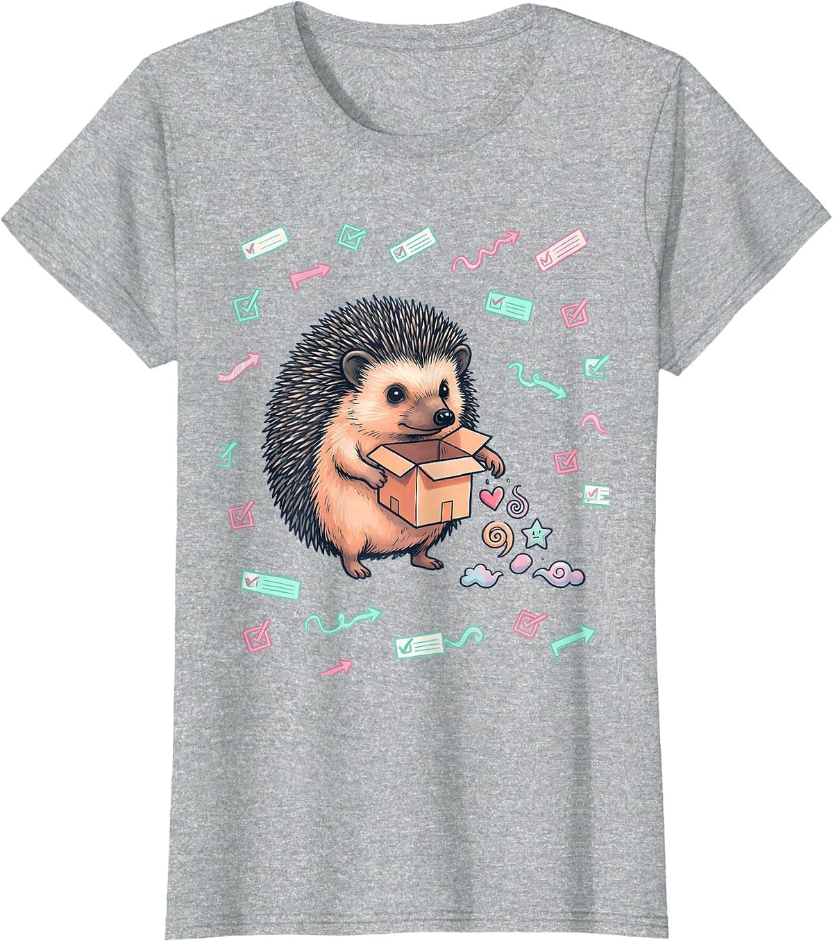 Women's Round Hedgehog Party Favor Box Kawaii Doodle Valentine T-Shirt - Heather Grey