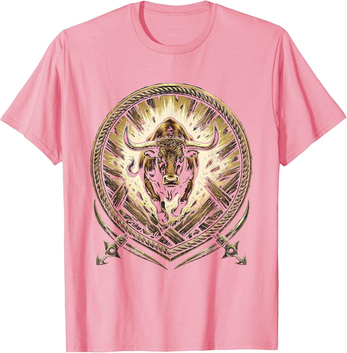 Men's Bull Breaking Through Rodeo Gate Live Free T-Shirt - Pink