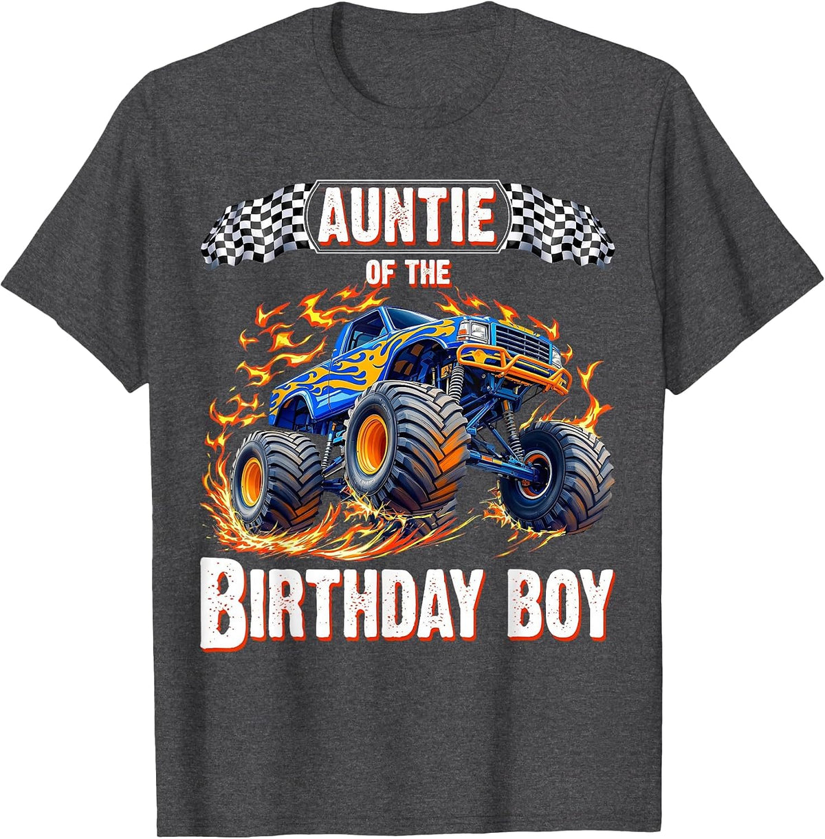 Auntie of the Birthday Boy Monster Truck Birthday T-Shirt - Dark Heather Grey