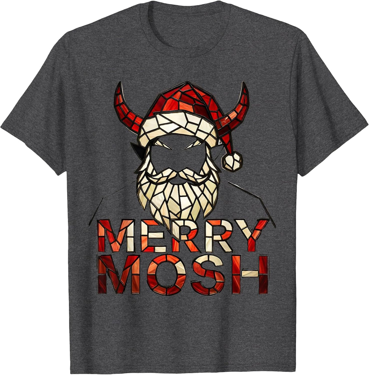 Men's Merry Mosh Stained Glass Heavy Metal Santa Parody Christmas T-Shirt - Dark Heather Grey
