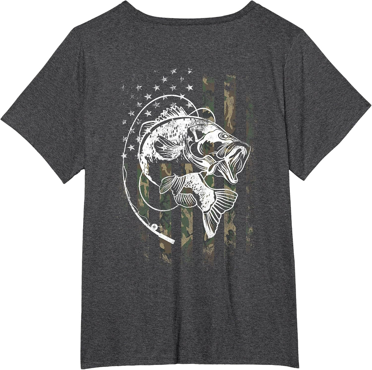 Bass Fish Fishing Camouflage Flag Funny Fisherman (on Back) T-Shirt - Dark Heather Grey