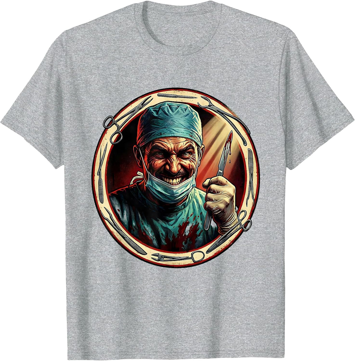 Men's Grinning Surgeon Bloody Scalpel Graphic Design T-Shirt - Heather Grey